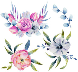 Collection of isolated watercolor bouquets of anemones and other plants, hand painted illustration on a white background