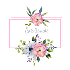 Elegant frame with watercolor anemones, eucalyptus and other herbs, hand painted on a white background, Save the date card design
