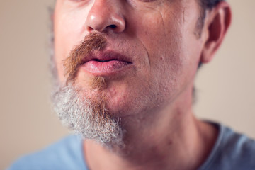 A portrait of man with half beard and hair