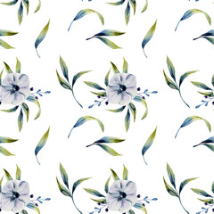 Watercolor white anemones and green herbs seamless pattern, hand painted on a white background