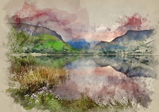 Watercolor painting of Llyn Nantlle at sunrise looking towards mist shrouded Mount Snowdon
