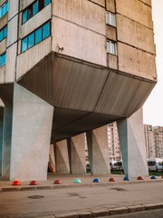 The facade of the building in Saint Petersburg, Soviet architecture, into the sunset