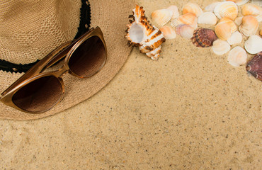 Fototapeta na wymiar Summer vacation concept with seashells, women's beach hat and sunglasses on sand background. Flat lay, top view.Copy space