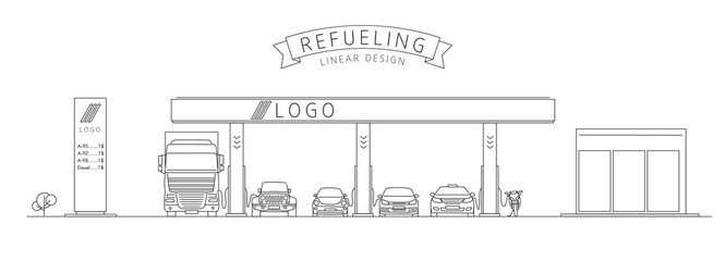 refueling, gas station linear illustration with different vehicles