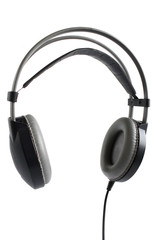 Fototapeta na wymiar Modern dj device. Wireless black headphones 3/4 view isolated on white background.