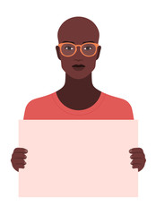 African student with glasses holding a blank banner. Protests and demonstrations. Vector flat illustration