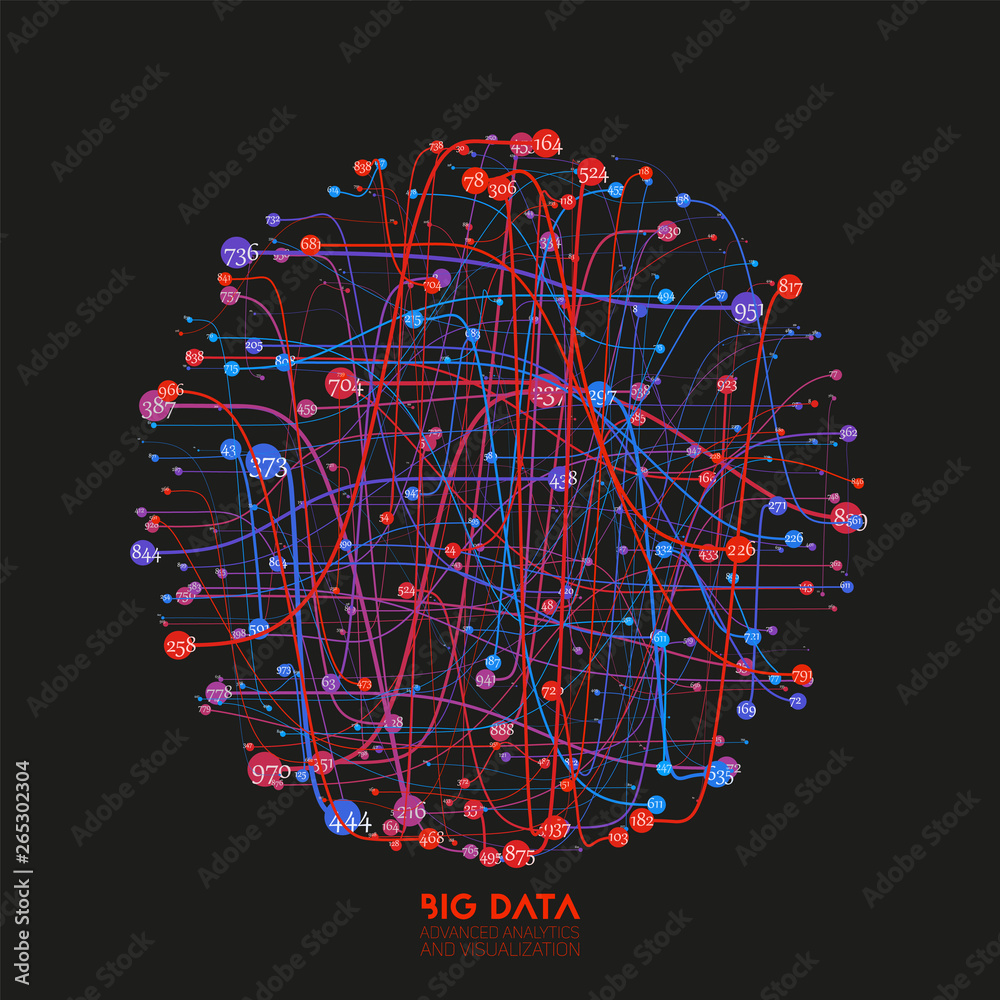 Poster Vector abstract colorful big data information threads visualization. Social network, financial analysis of complex databases. Visual information complexity clarification. Strange intricate data cloud