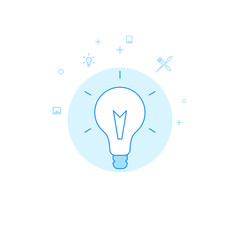 Creative Idea Bulb Flat Vector Illustration, Icon. Light Blue Monochrome Design. Editable Stroke