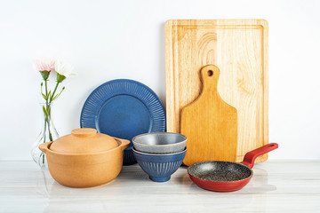 Kitchen utensils and kitchenware background material