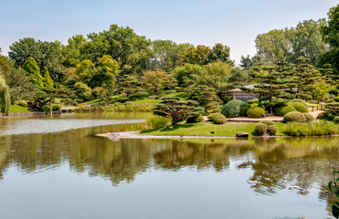 Fototapeta na wymiar Summer Landscape on sunny day of Japanese Island in Chicago Botanic Garden, Glencoe, USA