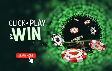 Online casino vector illustration. Black and red chips flying on blurred background. Click, play and win text