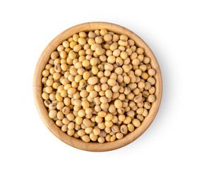 soybeans in wood bowl isolate on white background. top view
