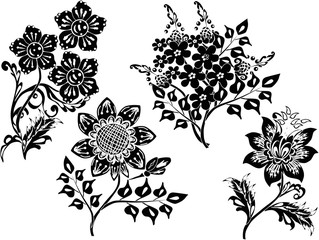 abstract decorated four black flowers on white