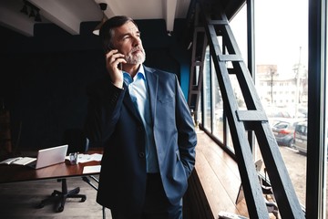 Mature businessman talking on a mobile phone standing by the window with view on city.