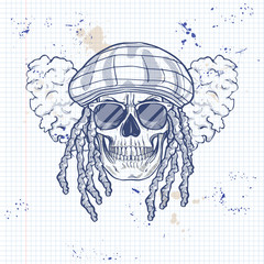 Sketch, skull with dreadlocks, rastaman hat, smoke and sunglasses on a notebook page