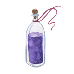 Magic potion. Watercolor illustration on a white background. Glass flask