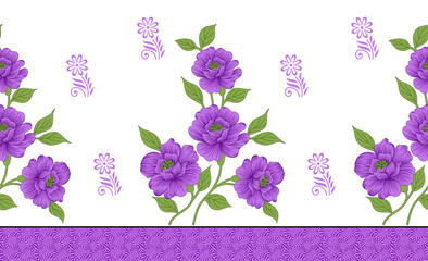 Seamless cute textile floral border on white background