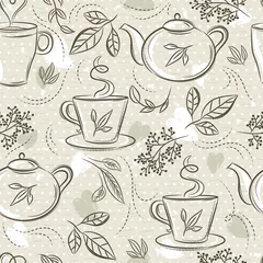 Tapeten Tee Beige nahtlose Muster mit Teeset, Tasse, Teekapsel, Blättern, Blumen und Text. Hintergrund mit Teeset. Ideal zum Bedrucken von Stoff und Papier oder für Schrottbuchungen.