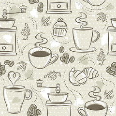 Beige seamless patterns with coffee set, cup, heart, coffee mill and text.Background with coffee set. Ideal for printing onto fabric and paper or scrap booking.