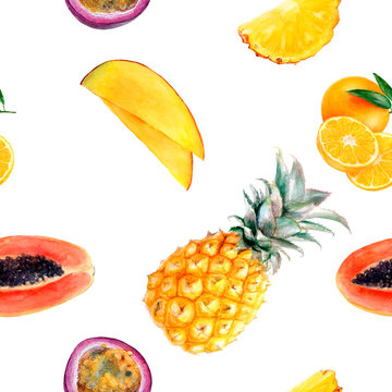 Watercolor hand drawn multi fruit isolated seamless pattern.