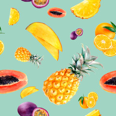 Watercolor hand drawn multi fruit isolated seamless pattern.