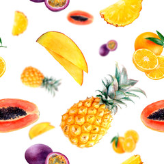 Watercolor hand drawn multi fruit isolated seamless pattern.