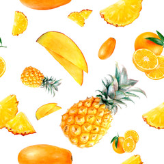 Watercolor hand drawn multi fruit isolated seamless pattern.