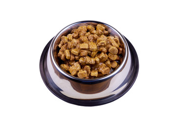 Canned food for cats or dogs in metal bowl isolated on white background