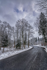 Winterlandschaft mit Straße im Wald