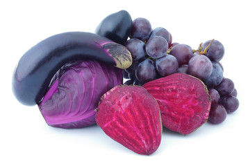 Healthy Food set purple fruits and vegetables , violet eggplant ,Grape,Beetroot,cabbage isolated on white background High vitamin Anthocynins benefit for heart and blood circulatory system.