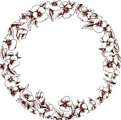 floral frame with violas for wedding invitations, greeting cards and business cards. Bright flower frame