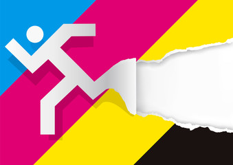  Fast color printing torn paper concept.  Illustration of running man icon ripped paper background with CMYK print colors. place for your text or image. Vector available