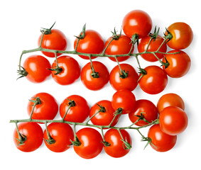Two clusters of fresh cherry tomatoes. White isolated background. View from above.