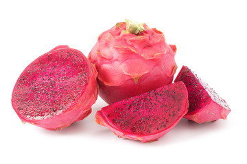 Pitaya Red or Dragon fruit full and half fruits isolated on white background