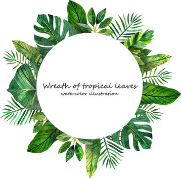 wreath of watercolor tropical leaves