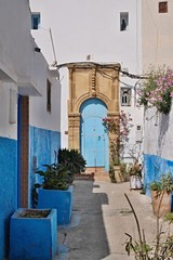 Blue city Chefchaouen street. Chefchaouen or Chaouen city in Morocco North Africa. Blue house walls on the street of an ancient city, blue color everywhere.