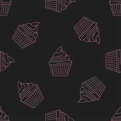Cake seamless pattern with icons. Style Outline. illustration on the theme of bakery products and bread baking. Vector background.
