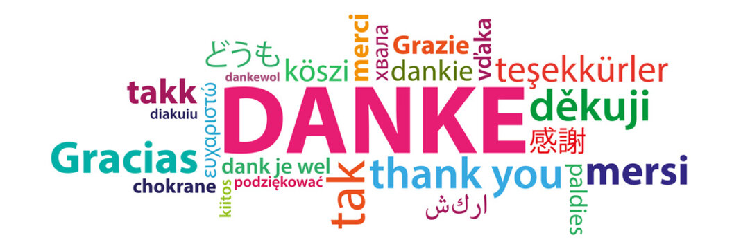 Danke auf verschiedenen Sprachen - multilingual Wortwolke bunt