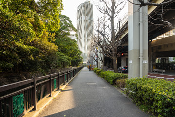 Straight Sidewalk Lined with a Hedge. An Elevated Highway Running above a Street in Visible on the Right Side of the Photo. tokyo, Japan.