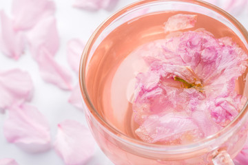 Sakura tea. Closeup of cherry blossom herb tea on white