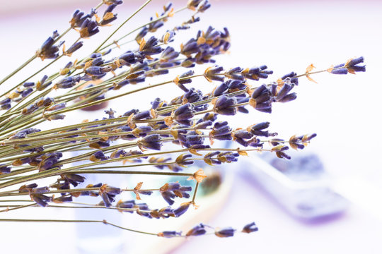 Spa and wellness setting with lavender flowers, sea salt, oil in a bottle, aroma candle on wooden white background