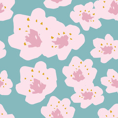 Vector seamless pattern of spring cherry blossoms on sky blue background