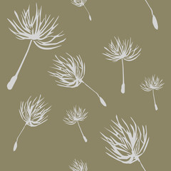 Vector seamless pattern of flying dandelion fluff on green background