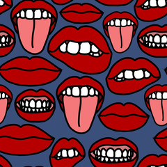 Vector seamless pattern of mouths and lips on dark blue background