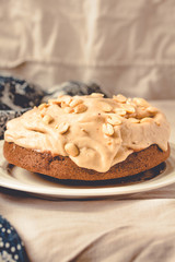 Cream Snickers Pie. Chocolate Sponge Cake filled with whipped cream and peanuts.Toning.