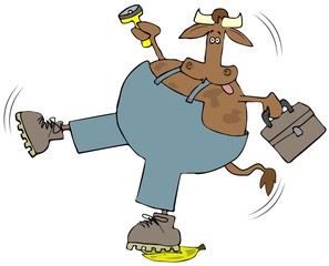 Cow construction worker slipping