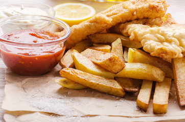 Traditional British street food fish and chips with ketchup and tartar sauces on parchment paper