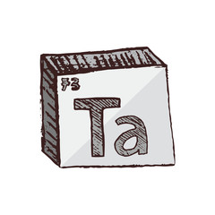Vector three-dimensional hand drawn chemical gray symbol of tantalum with an abbreviation Ta from the periodic table of the elements isolated on a white background.