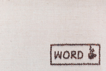 Word logo with coffee cup on linea background aligned bottom right.