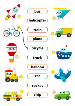 Match words with the correct pictures. Learn english words. For preschool kids activity worksheet. Cute kawaii cartoon vector characters.